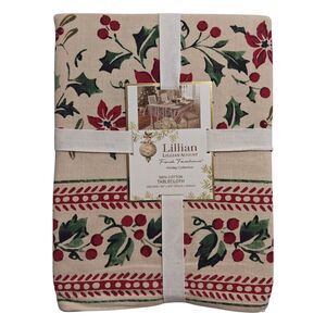 New Lillian August Cotton Tablecloth Holly Christmas Tan 60" X 120" Oblong NWT